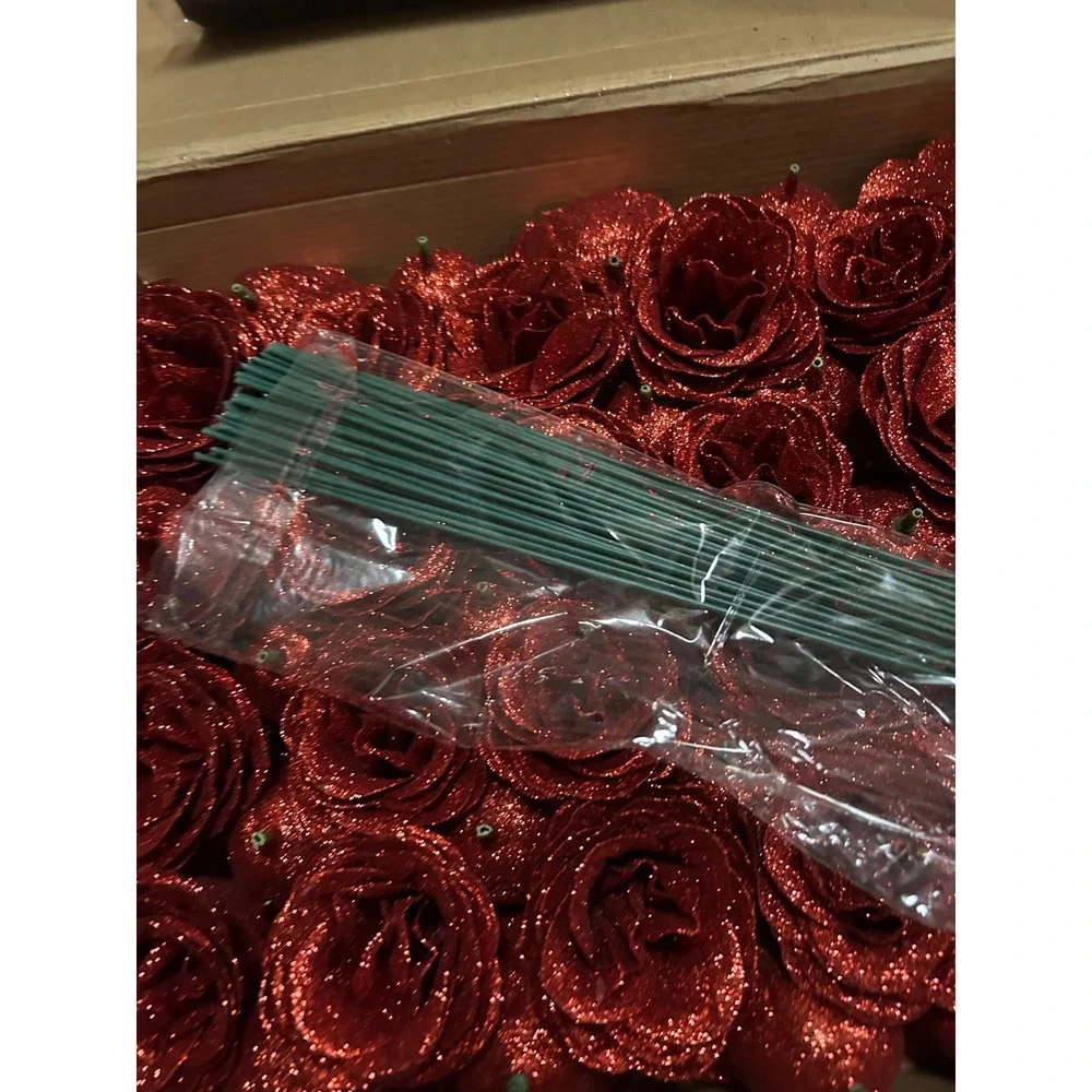Red Glitter Artificial Rose Flower Heads DIY Bouquet Kit with Stems & Bag 50 pcs